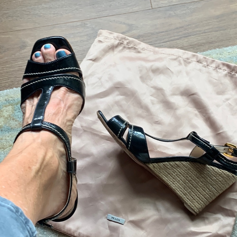 Prada T strap espadrille black leather wedge sandals 8 1/2